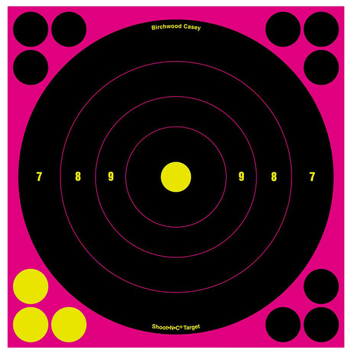 Birchwood Casey 34808 Shoot-N-C Reactive Target Self-Adhesive Paper Air Rifle/Centerfire Rifle/Rimfire Rifle Black/Pink 8" Bullseye Includes Pasters 6 Pack