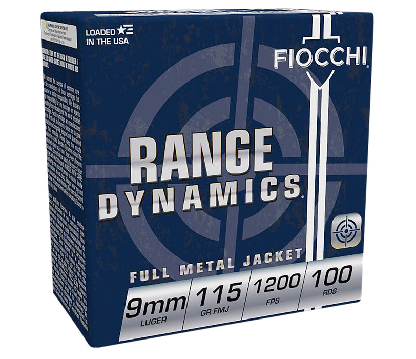 Fiocchi 9ARD100 Range Dynamics  9mm Luger 115 gr 1200 fps Full Metal Jacket (FMJ) 100 Bx/10 Cs (Range Pack)