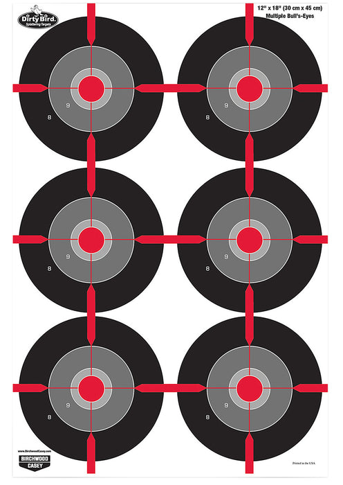 Birchwood Casey 35705 Dirty Bird  Multiple Bullseye Tagboard Hanging Pistol 12" x 18" Black/Red/Gray White Impact Splatter 8 Per Pkg