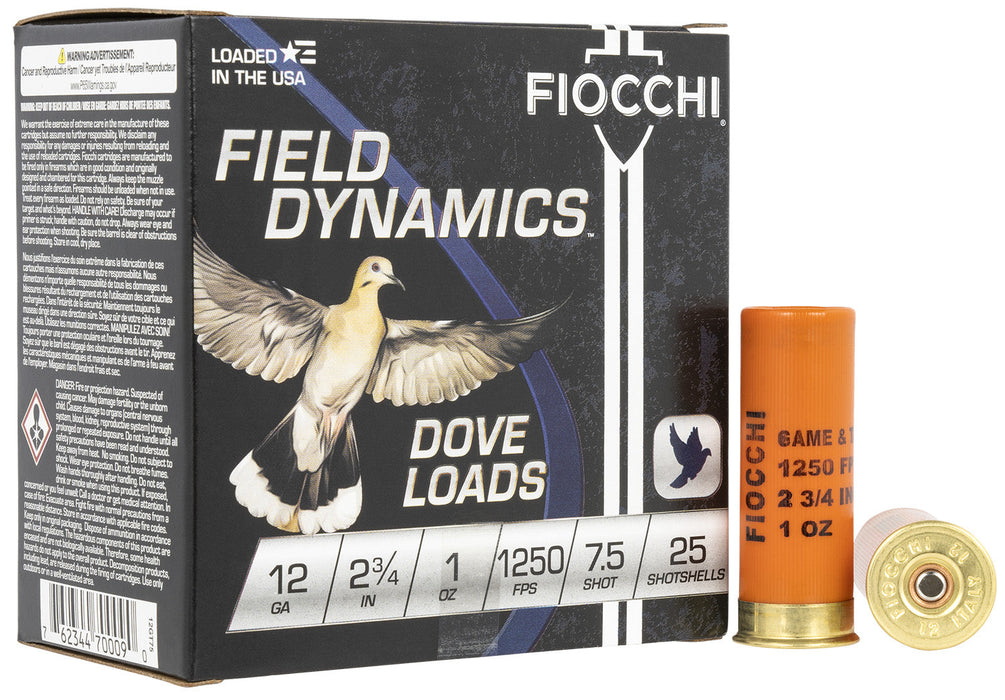 Fiocchi 12GT75 Field Dynamics Dove & Quail 12 Gauge 2.75" 1 oz 1250 fps 7.5 Shot 25 Bx/10 Cs