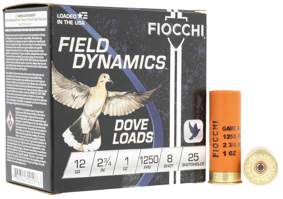 Fiocchi 12GT8 Field Dynamics Dove & Quail 12 Gauge 2.75" 1 oz 8 Shot 25 Bx/10 Cs