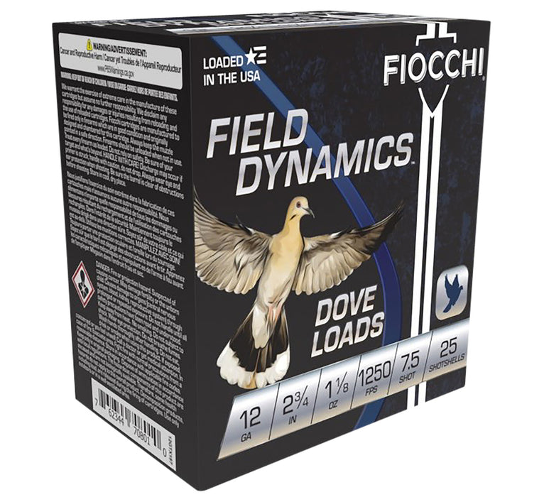 Fiocchi 12GTX187 Field Dynamics Dove & Quail 12 Gauge 2.75" 1 1/8 oz 1250 fps 7.5 Shot 25 Bx/10 Cs