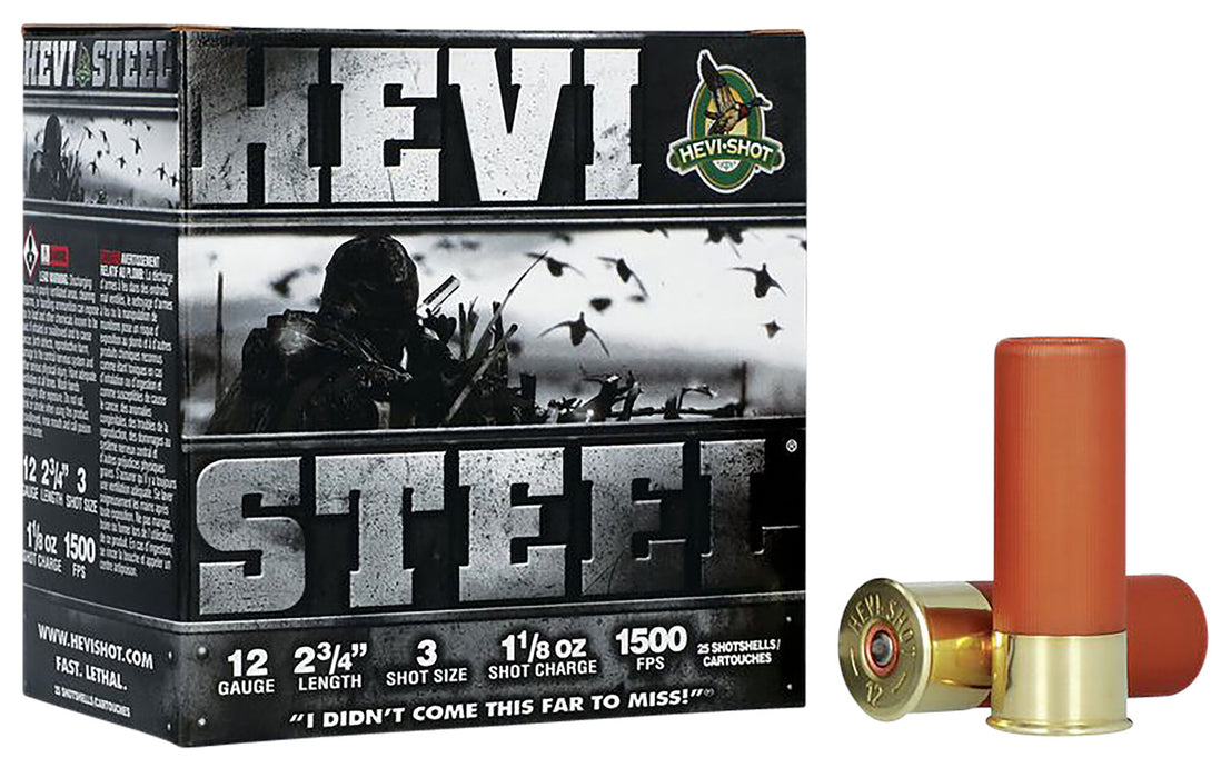 HEVI-Shot HS61223 Hevi-Steel  12 Gauge 2.75" 1 1/8 oz 1500 fps 3 Shot 25 Bx/10 Cs