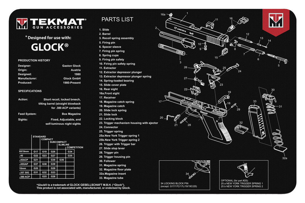 TekMat TEKR17GLOCK Glock Cleaning Mat Glock Parts Diagram 11" x 17"