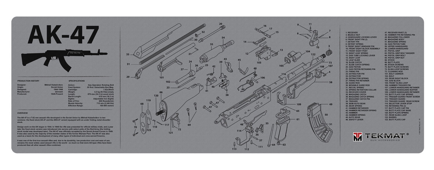 TekMat TEKR36AK47GY AK-47 Cleaning Mat AK-47 Parts Diagram 12" x 36"