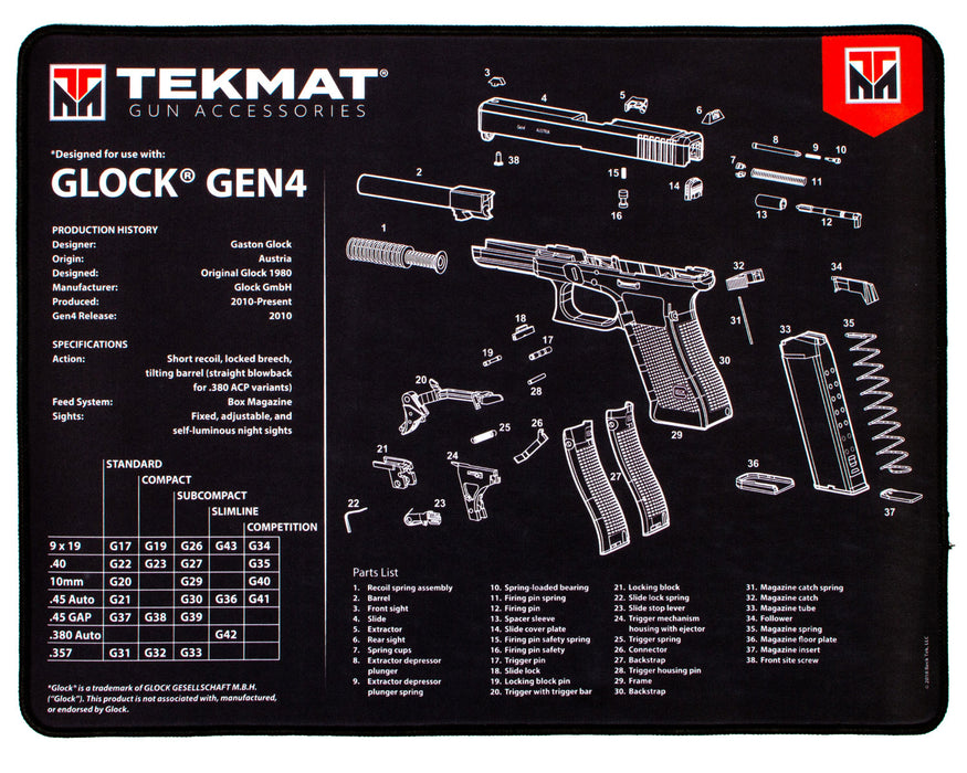 TekMat TEKR20GLOCKG4 Glock Gen4 Ultra 20 Cleaning Mat Glock Gen4 Parts Diagram 15" x 20"