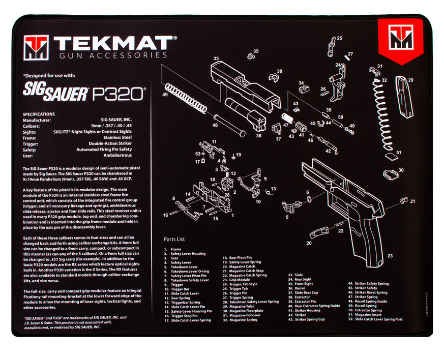 TekMat TEKR20SIGP320 Sig Sauer P320 Ultra 20 Cleaning Mat Sig P320 Parts Diagram 15" x 20"