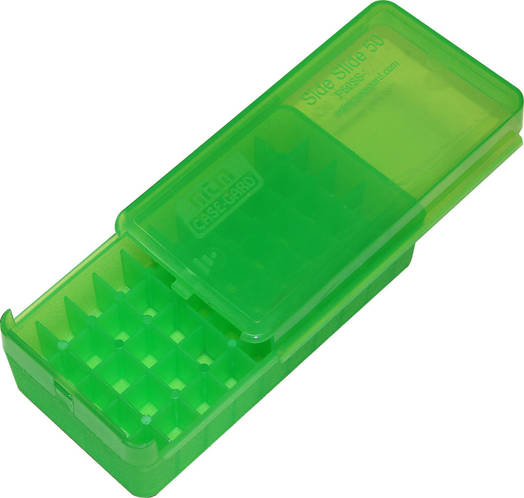 MTM Case-Gard P50SS4516 Side-Slide Ammo Box Pistol Multi-Caliber Handgun Clear Green Plastic 50rd