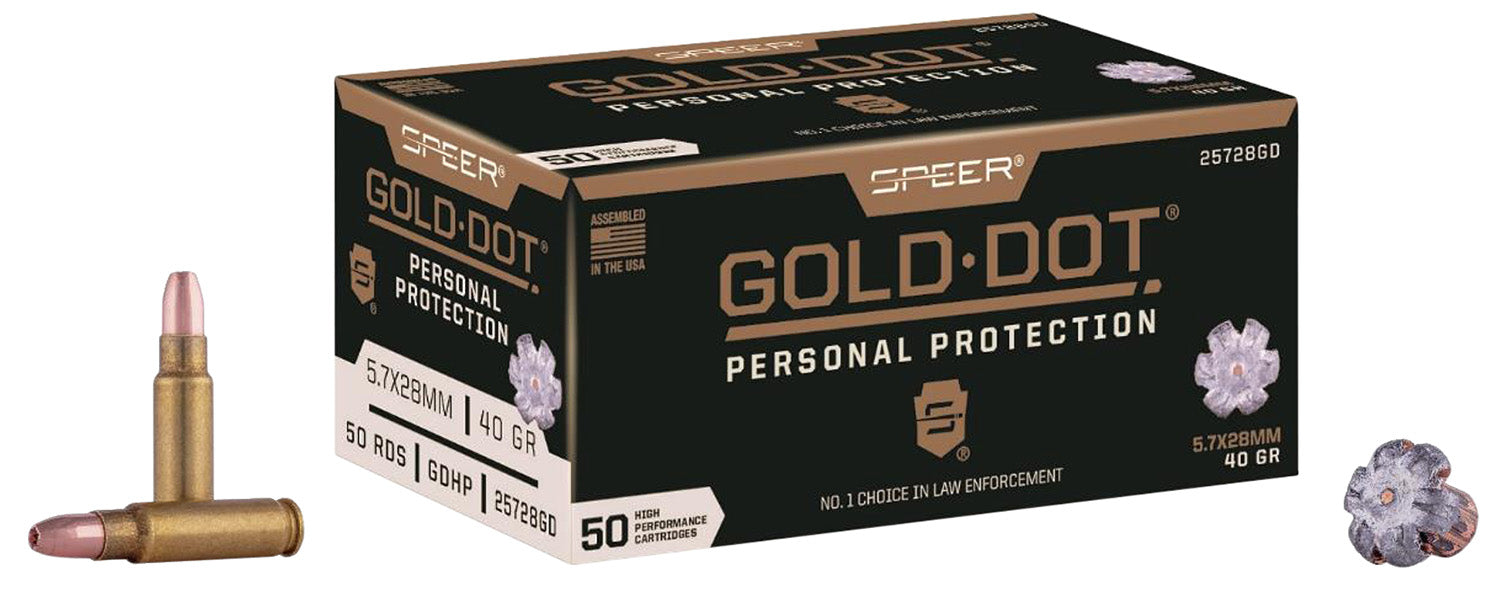 Speer 25728GD Gold Dot Personal Protection 5.7x28mm 40 gr Hollow Point (HP) 50 Per Box/10 Cs