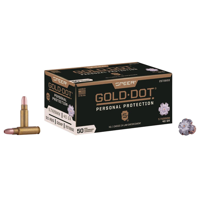 Speer 25728GD Gold Dot Personal Protection 5.7x28mm 40 gr Hollow Point (HP) 50 Per Box/10 Cs