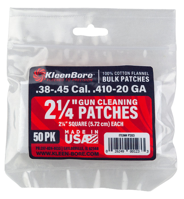 KleenBore P203 Super Shooter  .38/ .45 Cal 20/.410 Gauge 2.25" 100% Cotton Flannel 50 Per Pack