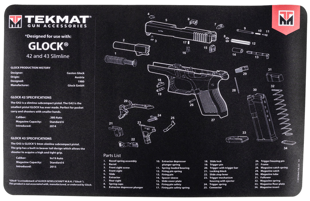 TekMat TEKR17GLOCK4243 Glock 42/43 Cleaning Mat Glock 42/43 Parts Diagram 11" x 17"