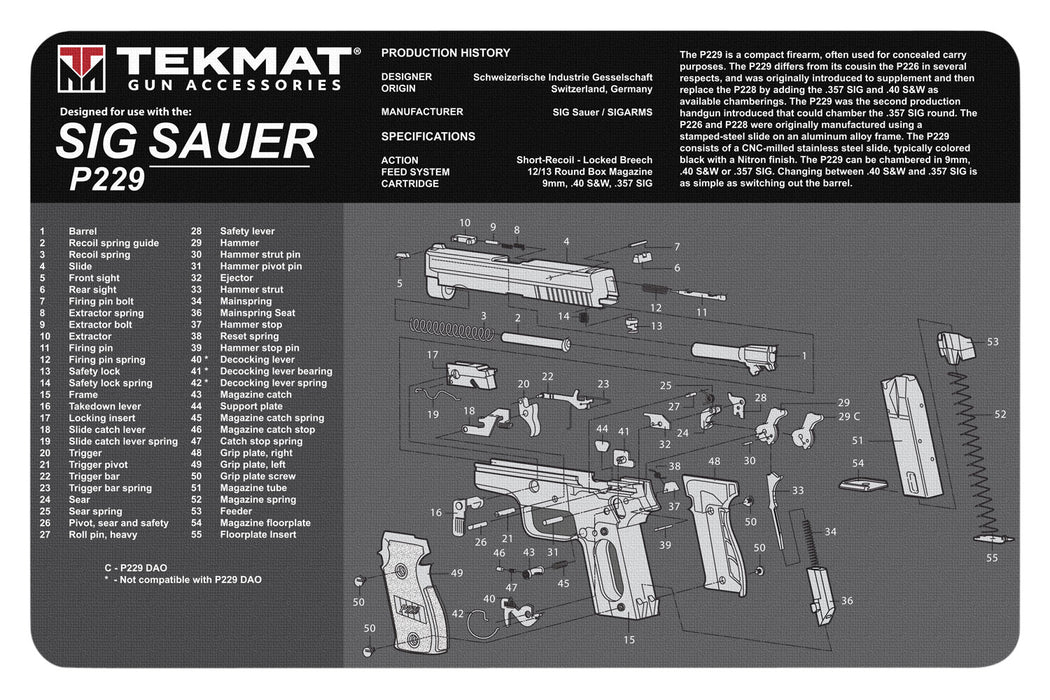 TekMat TEKR17SIGP229 Sig Sauer P229 Cleaning Mat Sig P229 Parts Diagram 11" x 17"