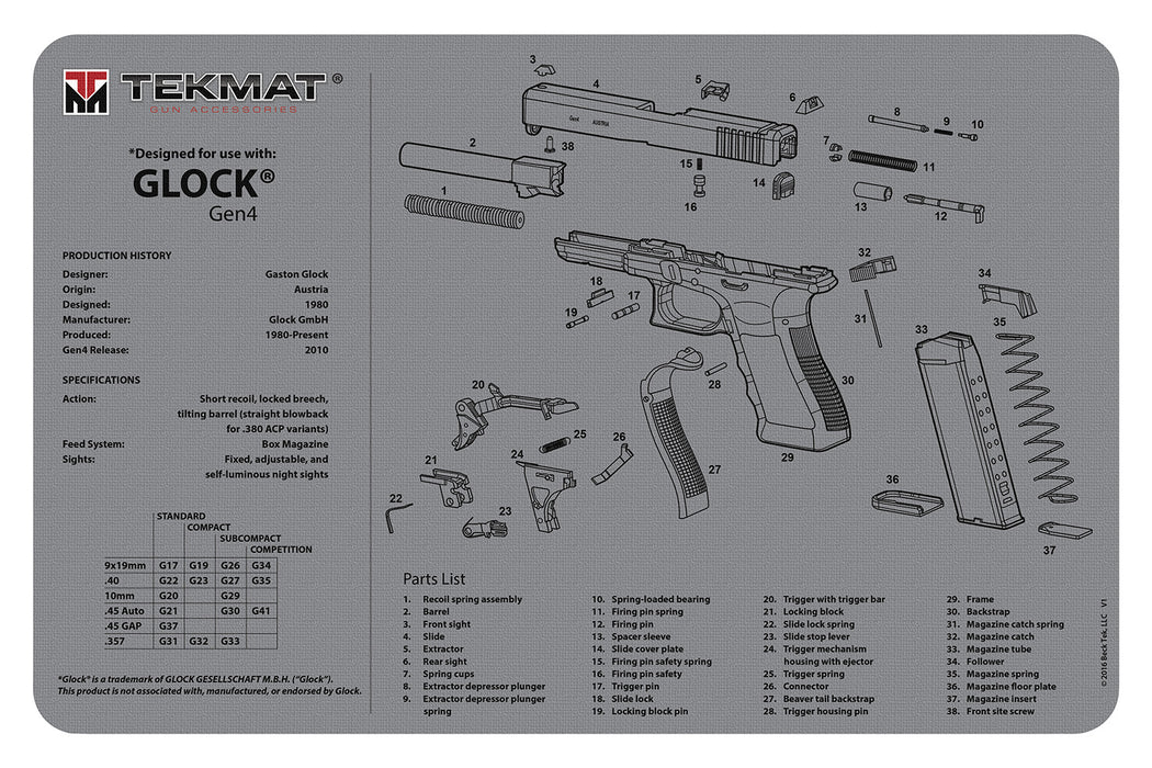 TekMat TEKR20GLOCKG4GY Glock Gen4 Ultra 20 Cleaning Mat Glock Gen4 Parts Diagram 15" x 20"