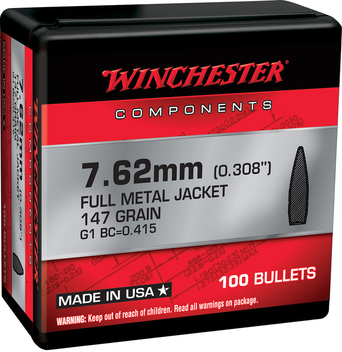 Winchester Ammo WB762M147X Centerfire Rifle  7.62mm .308 147 gr Full Metal Jacket Boat Tail 100 Per Box/ 10 Case