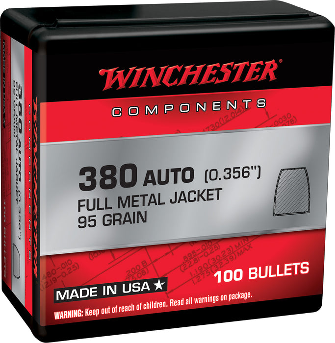 Winchester Ammo WB380MC95X Centerfire Handgun Reloading 380 ACP .356 95 gr Full Metal Jacket 100 Per Box/ 10 Case