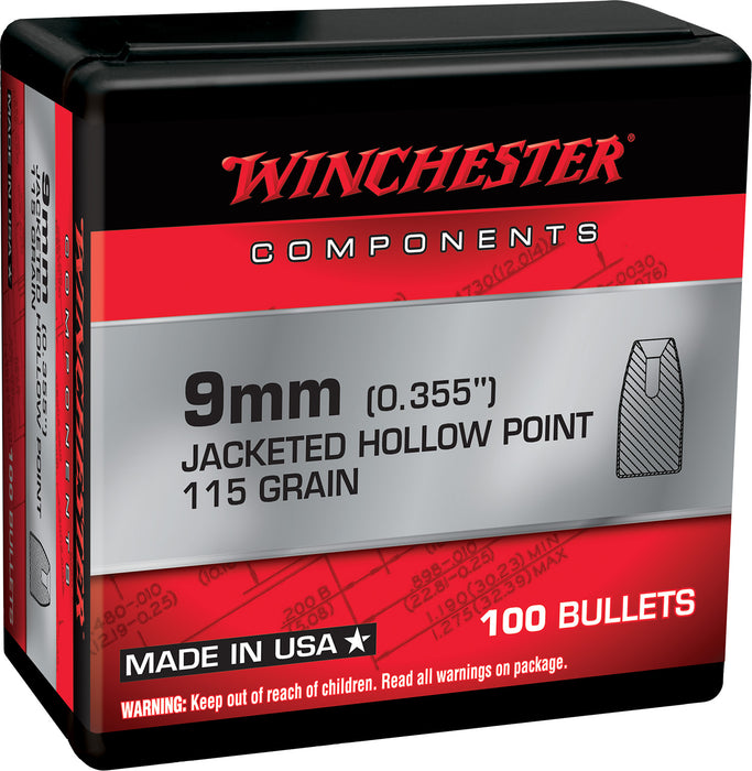 Winchester Ammo WB9JHP115X Centerfire Handgun Reloading 9mm .355 115 gr Jacket Hollow Point 100 Per Box/ 10 Case