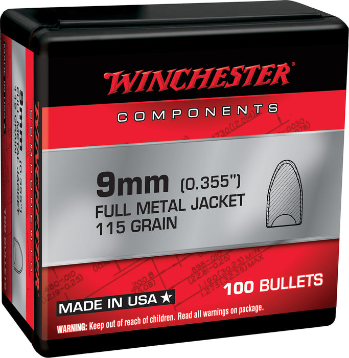 Winchester Ammo WB9MC115X Centerfire Handgun Reloading 9mm .355 115 gr Full Metal Jacket Flat Base 100 Per Box/ 10 Case