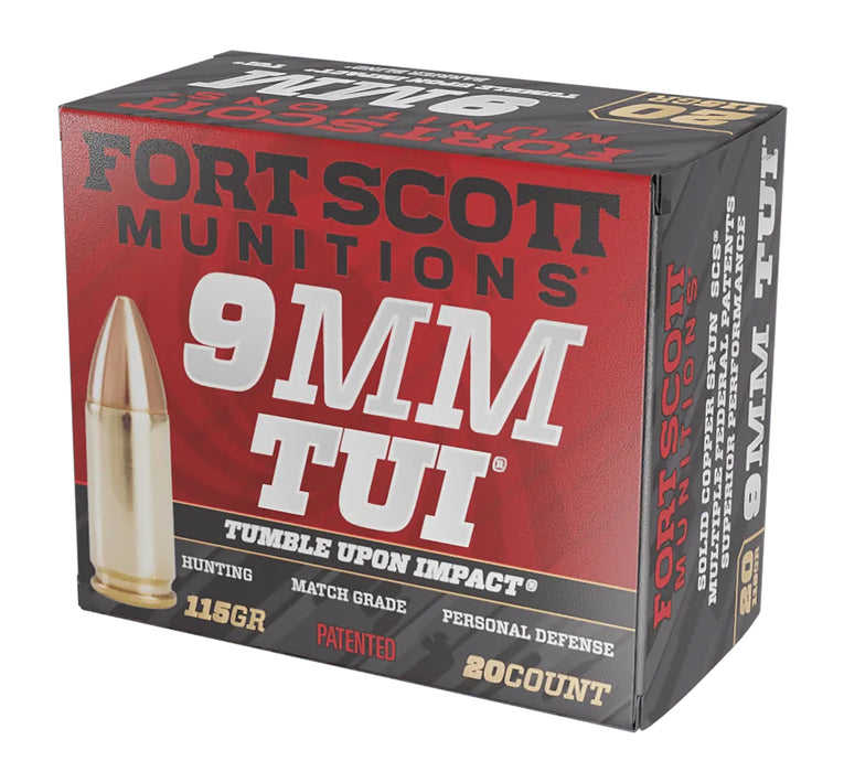 Fort Scott Munitions 9MM115SCV Tumble Upon Impact (TUI)  9mm Luger 115 gr 1140 fps Solid Copper Spun (SCS) 20 Bx/25 Cs