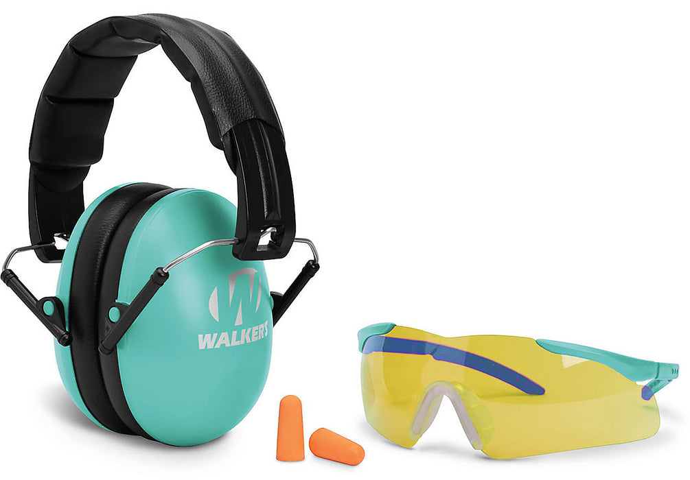 Walker's GWPYWFM2GFPLTL Folding Muff Combo 23 dB Over the Head Folding Muff, Foam Ear Plugs, Shooting Glasses Black/Teal Polymer Fits Youth/Women