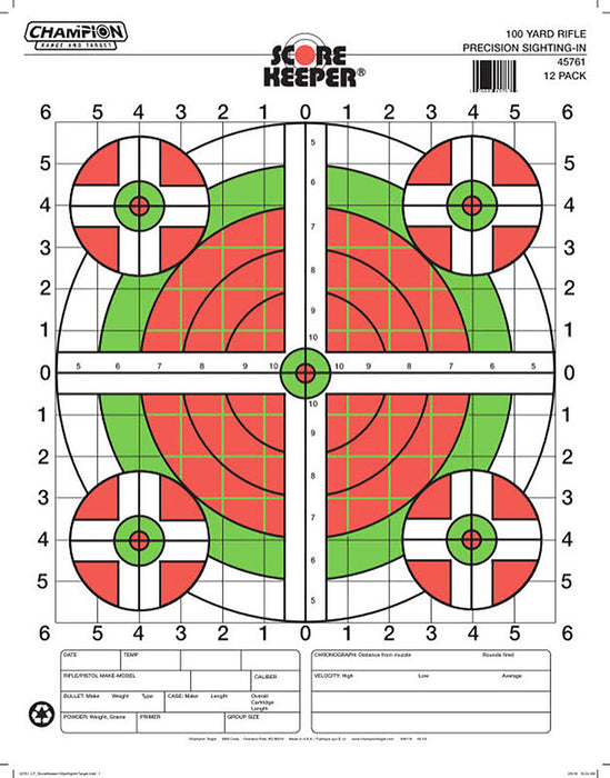 Champion Targets 45796 Score Keeper Sight-In Bullseye Paper Hanging 100 yds Pistol/Rifle Large Green/Orange 12 PK