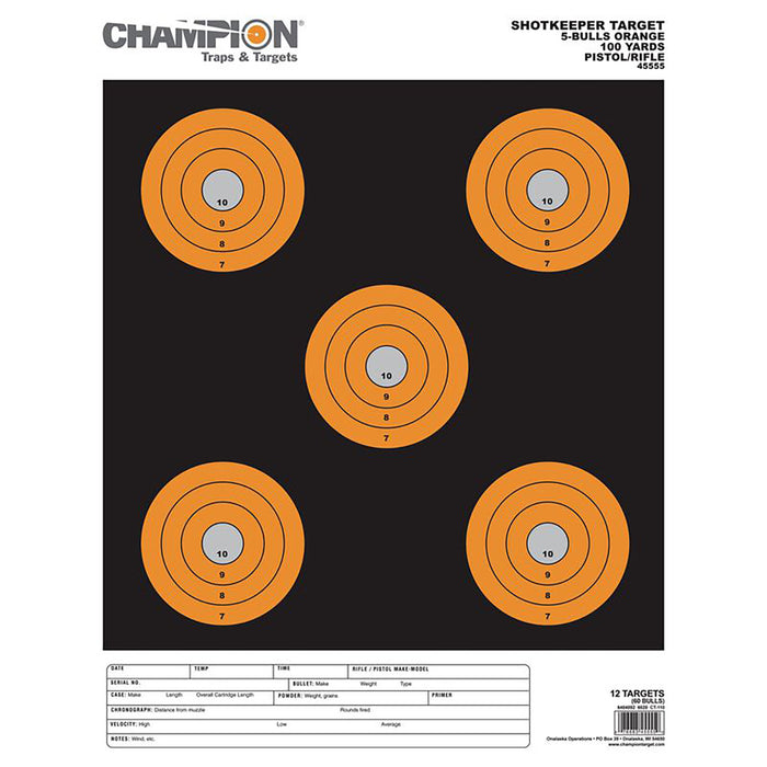 Champion Targets 45555 Shotkeeper  5" Bullseye Paper 100 yds Pistol/Rifle Large Black/Orange 12 PK