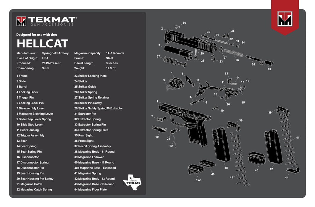 TekMat TEKR17HELLCAT Springfield Armory Hellcat Cleaning Mat Springfield Hellcat Parts Diagram 11" x 17"