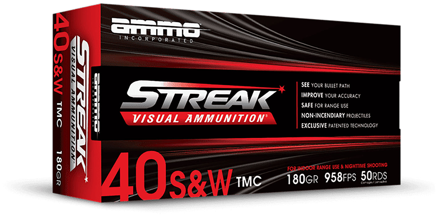 Ammo Inc 40180TMCSTRKRED50 Streak Visual (RED)  40S&W 180gr Total Metal Case 50 Per Box/20 Case