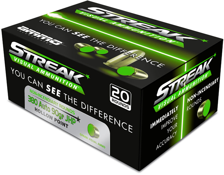 Ammo Inc 380090JHPSTRKGRN Streak Visual (GREEN)  380Auto 90gr Jacketed Hollow Point 20 Per Box/10 Case