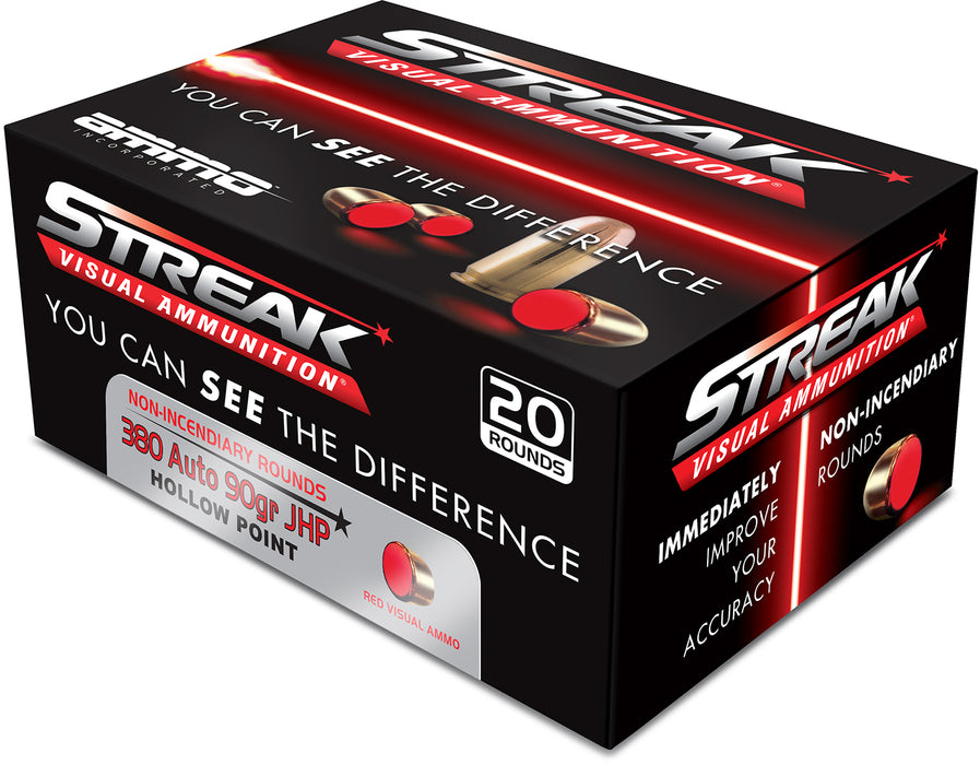 Ammo Inc 380090JHPSTRKRED Streak Visual (RED)  380Auto 90gr Jacketed Hollow Point 20 Per Box/10 Case