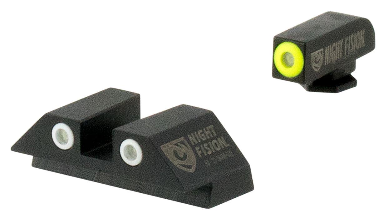 Night Fision GLK001003YGW Tritium Sight Set  Fixed Yellow Ring Front/White Ring Rear/Black Frame, Compatible w/Glock 17/19/34 Front Post/Rear Dovetail Mount