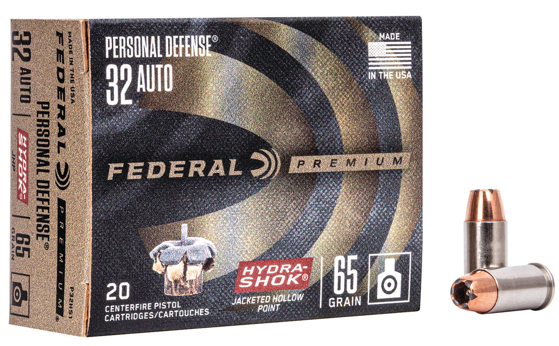 Federal P32HS1 Premium Personal Defense 32 ACP 65 gr 925 fps Hydra-Shok Jacketed Hollow Point 20 Bx/25 Cs