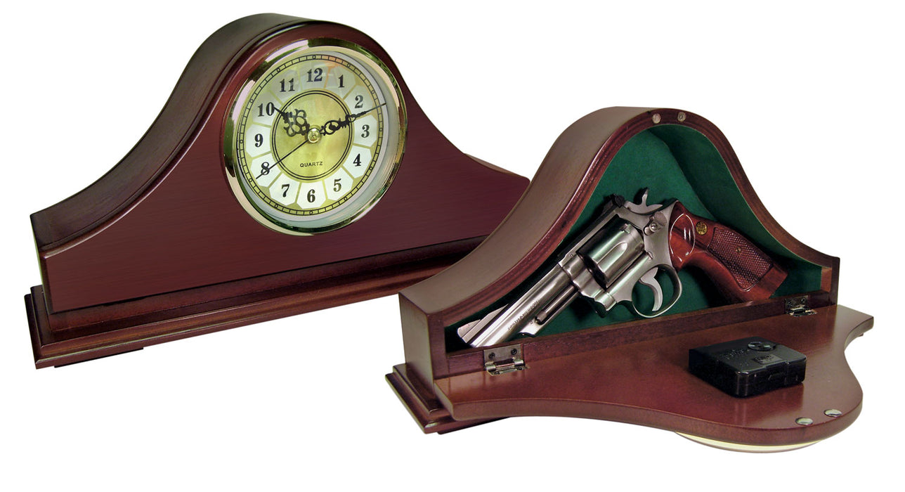 Peace Keeper MGC Mantle Gun Clock  Front Panel Entry Mahogany Stain Wood Holds 1 Handgun 14.62" L x 7.37" H x 3.75" D