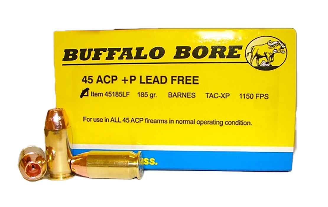 Buffalo Bore Ammunition 45185LF20 Buffalo-Barnes  45 ACP +P 185 gr 1150 fps Barnes TAC-XP Lead Free 20 Bx/12 Cs