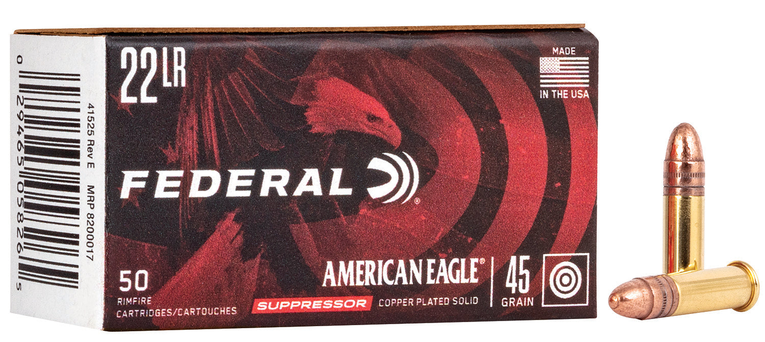 Federal AE22SUP1 American Eagle Suppressor 22 LR 45 gr 970 fps Copper-Plated Round Nose 50 Bx/100 Cs