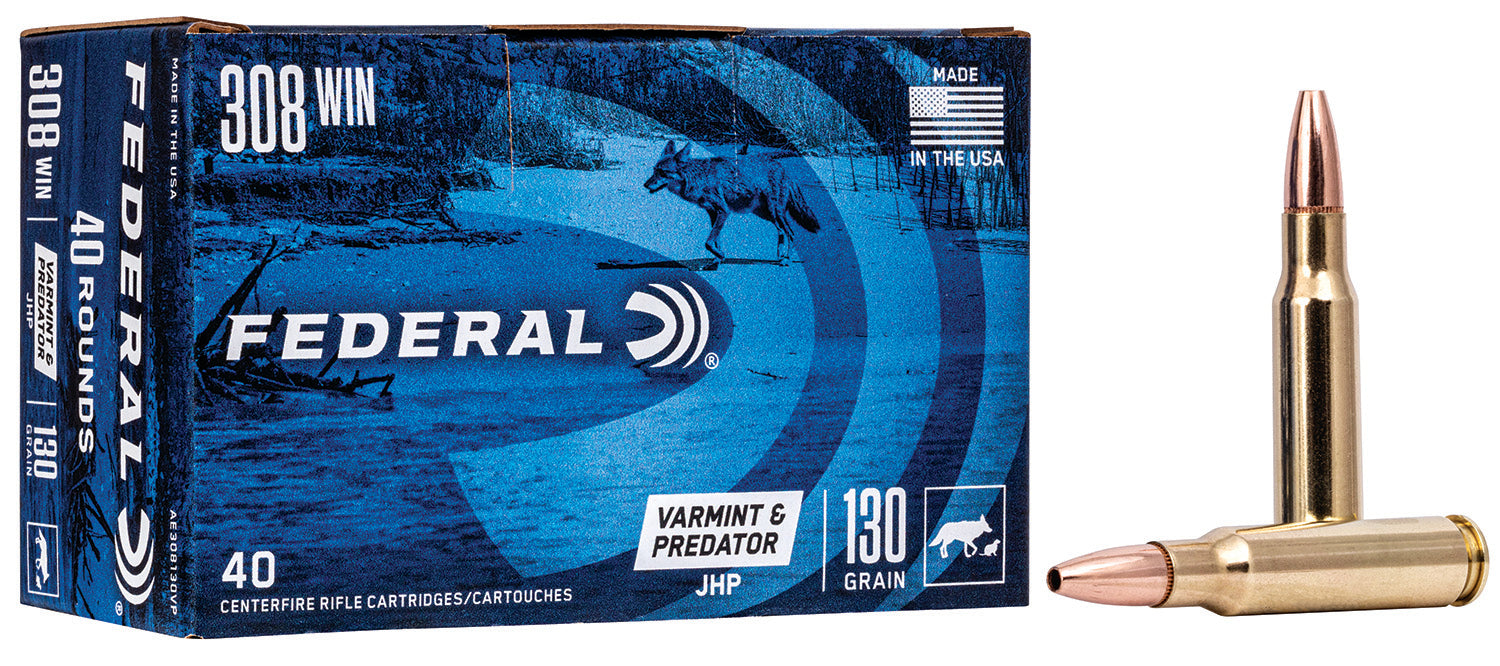 Federal AE308130VP American Eagle Varmint & Predator 308 Win 130 gr Jacketed Hollow Point (JHP) 40 Per Box/5 Cs