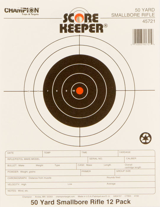 Champion Targets 45721 Score Keeper  Bullseye Paper 50 yds Small Bore Rifle 8.50" x 11" Black/Orange 12 PK