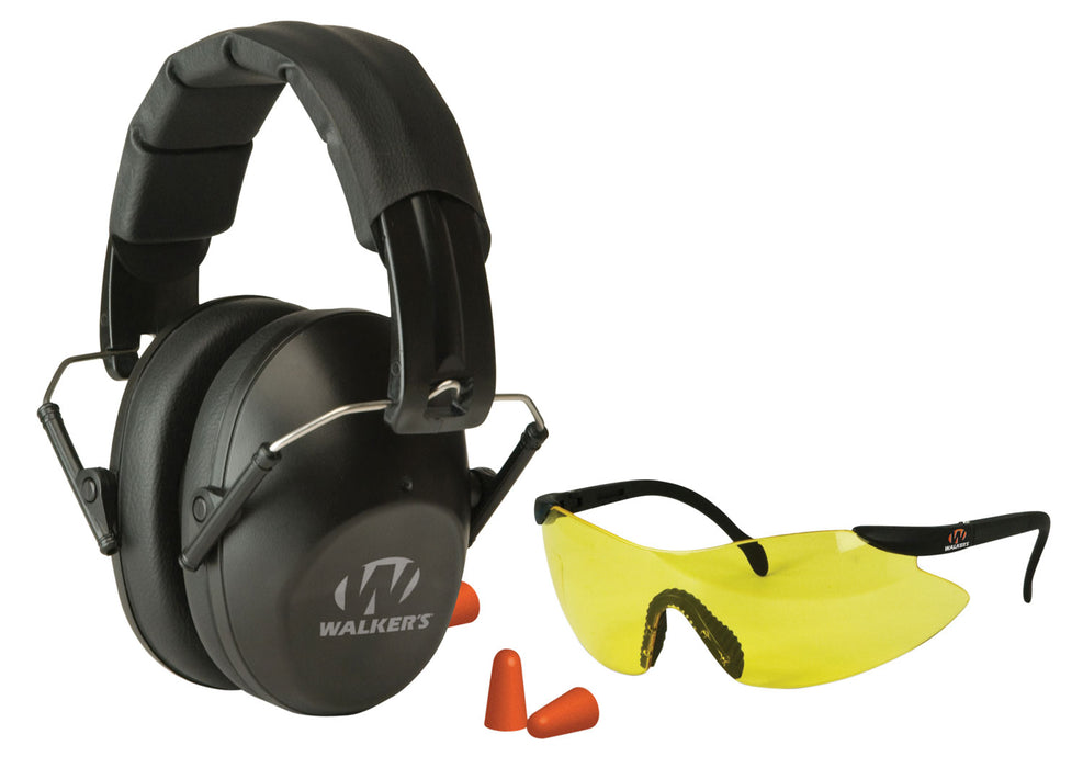 Walker's GWPFPM1GFP Pro Low Profile Passive Muff Combo Kit Includes Foam Ear Plugs, Low Profile 31 db Over the Head Passive Muff, Shooting Glasses w/Yellow Lens