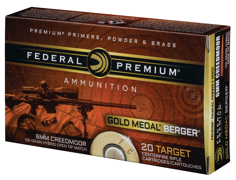 Federal GM65CRDBH1 Premium Gold Medal 6mm Creedmoor 105 gr 3025 fps Berger Hybrid Open Tip Match 20 Bx/10 Cs