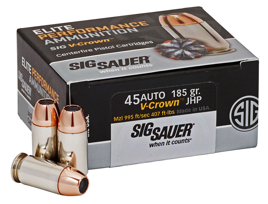 Sig Sauer E45AP050 Elite Defense  45 ACP 185 gr 995 fps V-Crown Jacketed Hollow Point (VJHP) 50 Bx/10 Cs