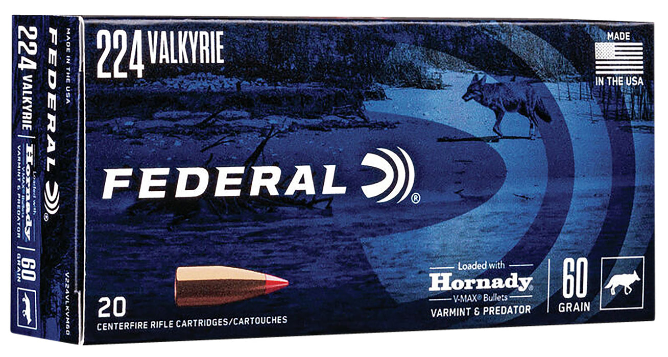 Federal V224VLKVM60 Federal Varmint & Predator 224 Valkyrie 60 gr Hornady V-Max (VMX) 20 Per Box/ 10 Cs