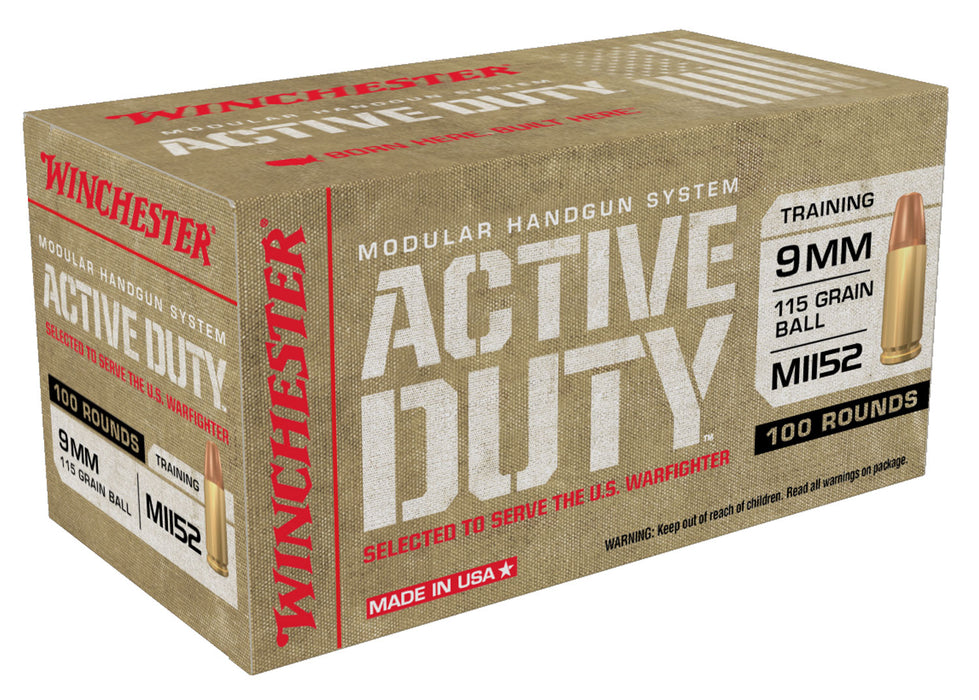 Winchester Ammo WIN9MHSC Active Duty Mil-Spec 9mm Luger 115 gr Full Metal Jacket Flat Nose (FMJFN) 100 Per Box/5 Cs