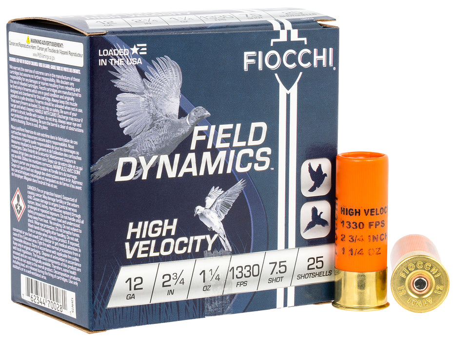 Fiocchi 12HV75 Field Dynamics High Velocity 12 Gauge 2.75" 1 1/4 oz 1330 fps 7.5 Shot 25 Bx/10 Cs