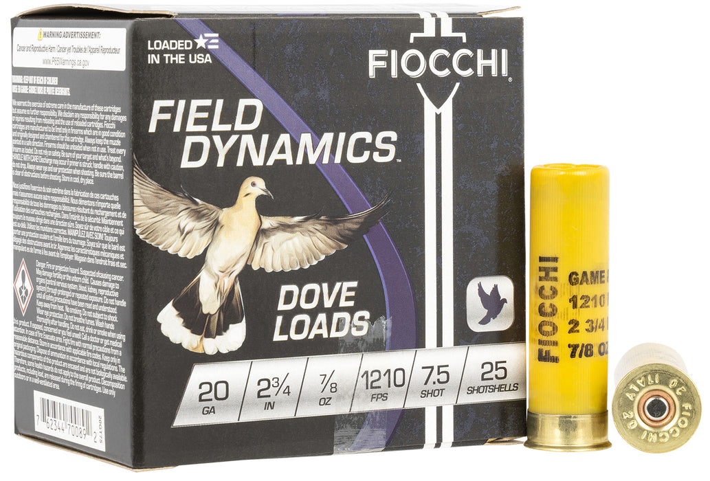 Fiocchi 20GT75 Field Dynamics Dove & Quail 20 Gauge 2.75" 7/8 oz 1210 fps 7.5 Shot 25 Bx/10 Cs