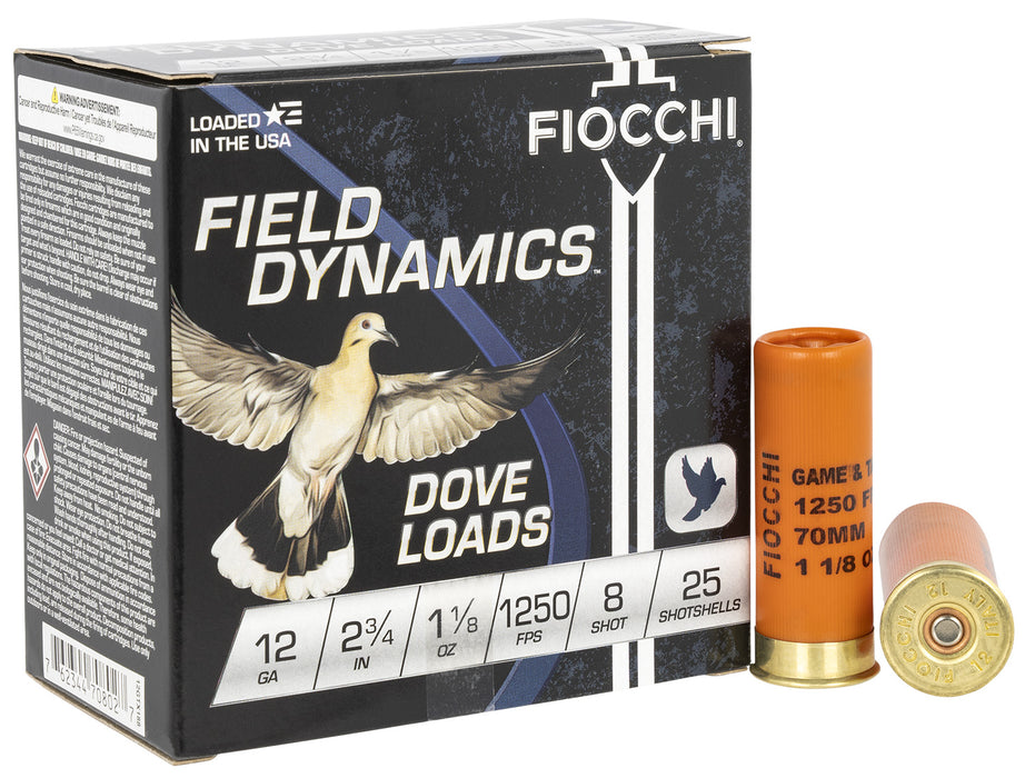Fiocchi 12GTX188 Field Dynamics Dove & Quail 12 Gauge 2.75" 1 1/8 oz 1250 fps 8 Shot 25 Bx/10 Cs
