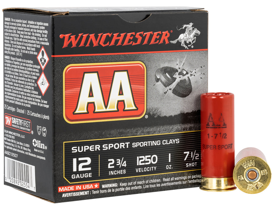 Winchester Ammo AASC12507 AA Super Sport Sporting Clay 12 Gauge 2.75" 1 oz 1350 fps 7.5 Shot 25 Bx/10 Cs