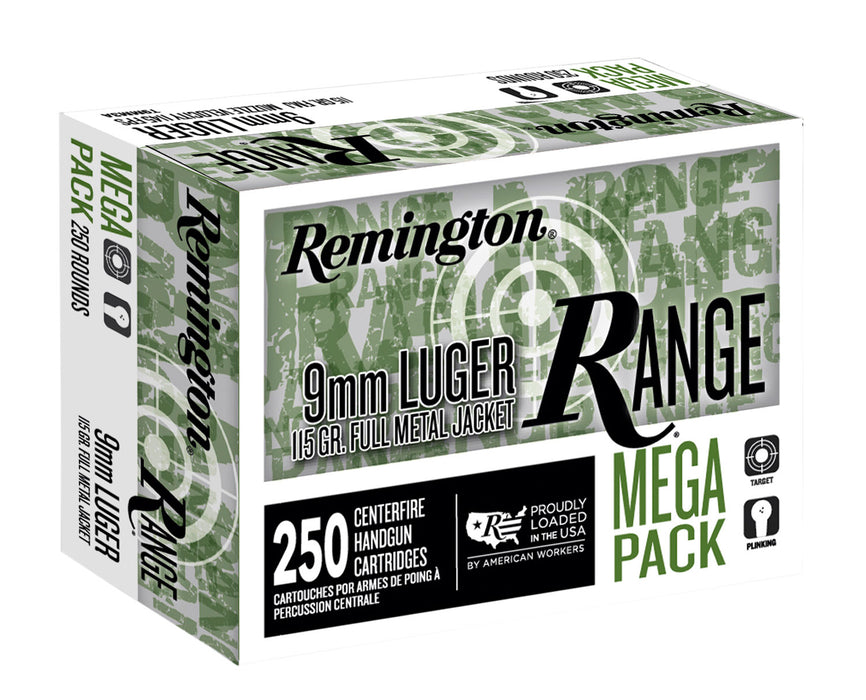 Remington Ammunition R23975 Range  9mm Luger 115 gr 1145 fps Full Metal Jacket (FMJ) 250 Bx/4 Cs (Mega Pack)