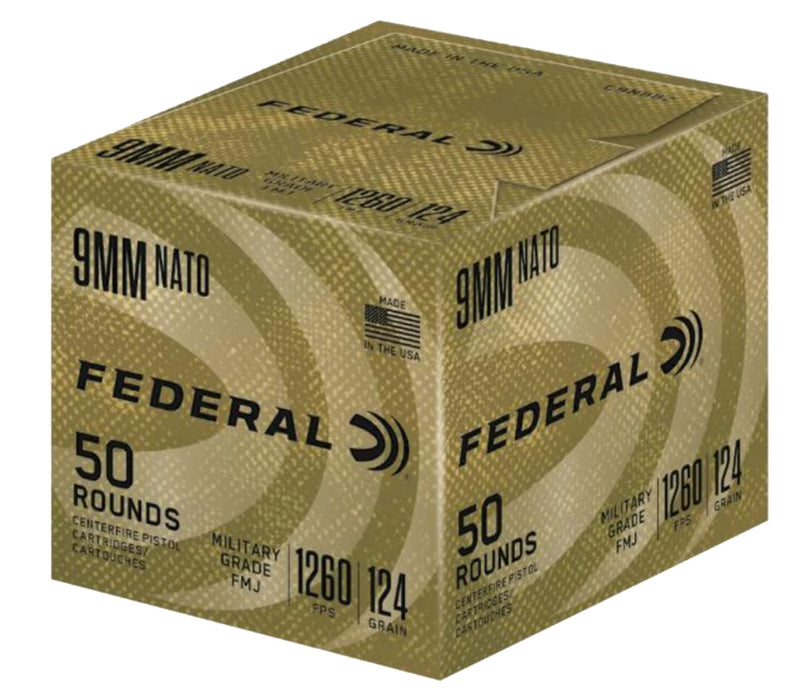 Federal C9N882 Military Grade  9mm NATO 124 gr Full Metal Jacket (FMJ) 50 Per Box/10 Cs