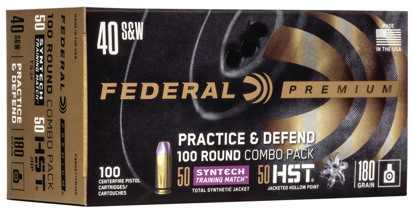 Federal P40HST1TM100 Premium Practice & Defend 40 S&W 180 gr 1010 fps HST JHP/Syntech TSJ 100 Bx/5 Cs