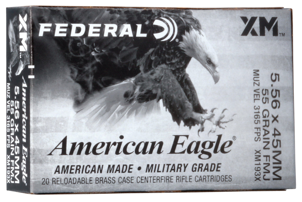 Federal XM193X American Eagle  5.56x45mm NATO 55 gr Full Metal Jacket Boat-Tail (FMJBT) 20 Per Box/25 Cs